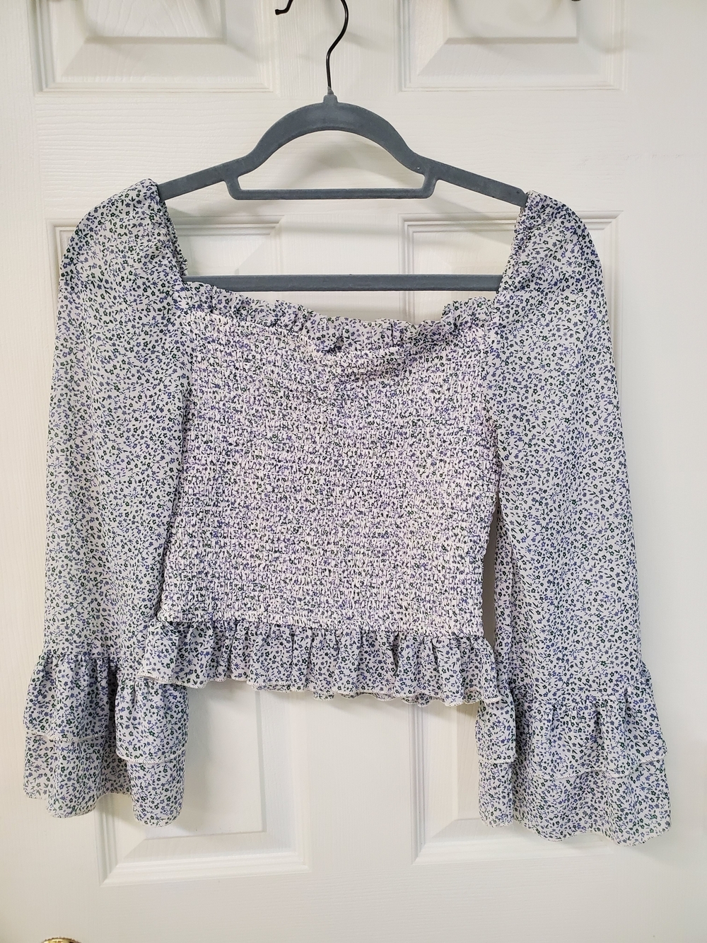 Japna White Floral Smocked Square-Neck Top with Blue Print